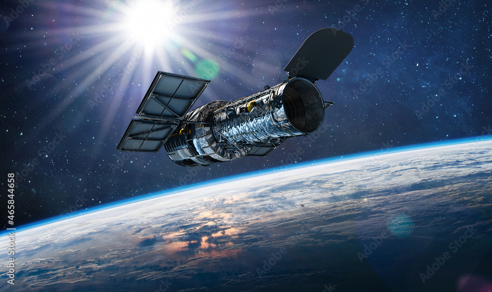 Poster space telescope hubble on orbit of earth planet. stars and galaxies science research. elements of th
