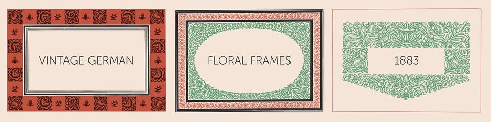 Vintage woodcut Floral design elements for books, invitations, labels, menu design and packaging. Flowers, foliage, fruits and ephemera. From German type foundry Genzsch and Heyse founded in 1833.