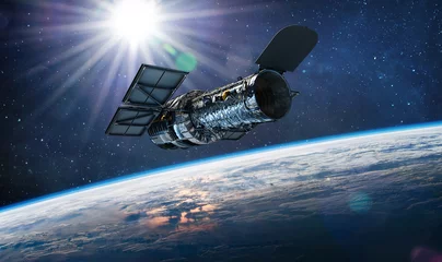 Abwaschbare Fototapete Weltraumteleskop Hubble auf der Umlaufbahn des Erdplaneten. Wissenschaftliche Forschung zu Sternen und Galaxien. Elemente dieses Bildes, bereitgestellt von der NASA © dimazel