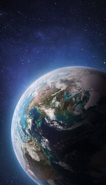 Vertical wallpaper of Earth planet in space. Outer dark space wallpaper. Surface of Earth. Sphere. View from orbit. Elements of this image furnished by NASA