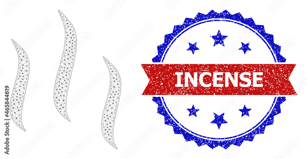 Poster incense grunge seal, and vapour icon mesh structure. red and blue bicolor seal includes incense text