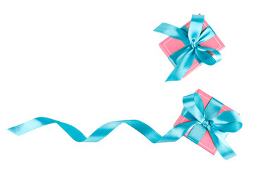 two pink gift boxes with blue ribbon isolate