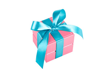 pink gift with blue ribbon and bow isolate