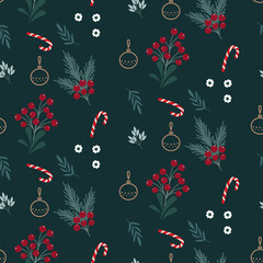 Christmas seamless pattern with green leaves, candy sticks and red berries background design