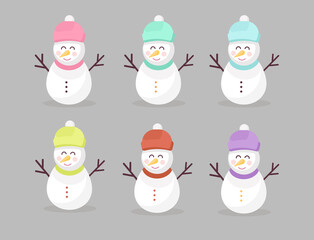 Christmas snowman set with smiling faces and colorful hats. Cartoon style. Icon. Cute Snowman.