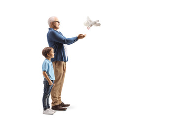 Full length profile shot of a man and a boy letting a white dove fly - obrazy, fototapety, plakaty