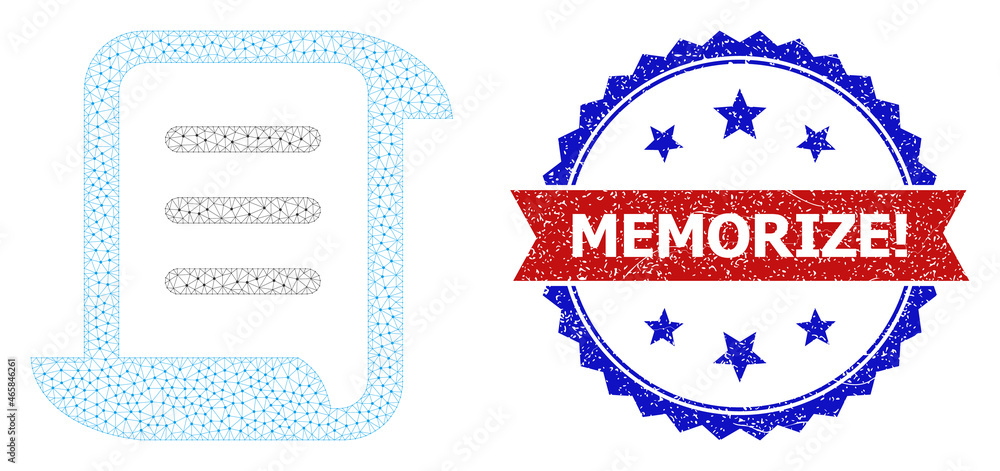 Poster memorize! grunge seal print, and page scroll icon mesh model. red and blue bicolor stamp has memoriz