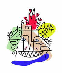Abstract surreal illustrated face of geometric shapes painted in pop colors.Isolated on a white background