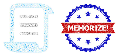 Memorize! grunge seal print, and page scroll icon mesh model. Red and blue bicolor stamp has Memorize! title inside ribbon and rosette. Abstract flat mesh page scroll, built from flat mesh.