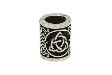 Closeup image of iron beard ring isolated at white background. Male jewelry accessories.