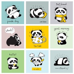 Cute Panda bear illustrations, collection of vector hand drawn elements, black and white icons