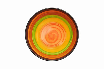 Top view image of round colorful ceramic bowl isolated at white background.