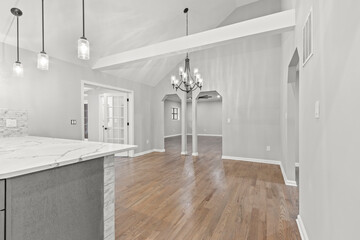 Luxury mansion dining room with ceiling beam column and chandelier