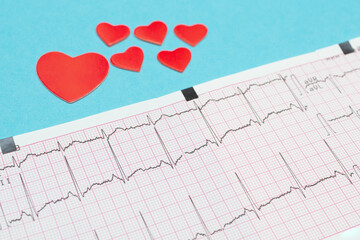 Electrocardiography ECG. Heart lies on the cardiogram. Caring for the health of the heart. Blue...