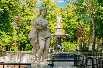 island garden in aranjuez, madrid, ornamental fountain