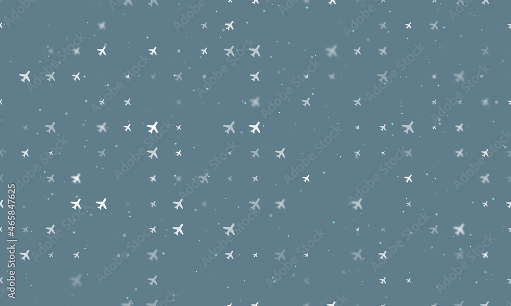 Poster seamless background pattern of evenly spaced white plane symbols of different sizes and opacity. vec