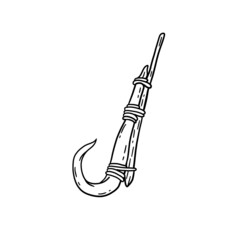 Fish hook made of bone and fang. Tool of primitive man of Stone Age. Old tool for fishing and hunting. Cartoon outline illustration