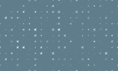 Fototapeta na wymiar Seamless background pattern of evenly spaced white plane symbols of different sizes and opacity. Vector illustration on blue grey background with stars