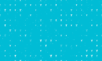 Seamless background pattern of evenly spaced white dinner time symbols of different sizes and opacity. Vector illustration on cyan background with stars