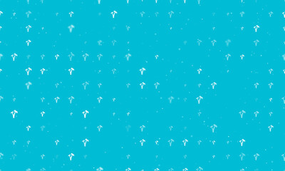 Seamless background pattern of evenly spaced white palm trees symbols of different sizes and opacity. Vector illustration on cyan background with stars