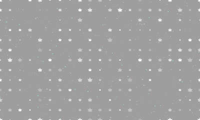 Seamless background pattern of evenly spaced white maple leafs of different sizes and opacity. Vector illustration on gray background with stars