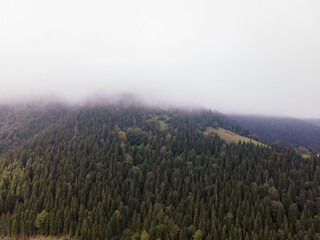 Drone photo of the Foggy Green Mountains of Black Sea Region, East Turkey