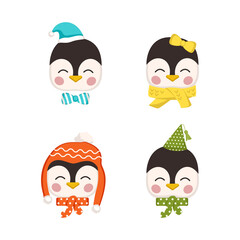 Set of cute penguins in children style with holiday decorations for New Year and Christmas. Festive funny animals with caps and bows. Vector flat illustration