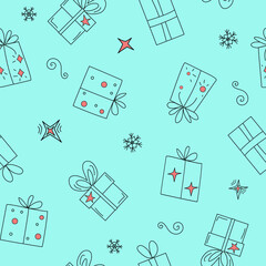 Christmas, New Year gifts vector pattern. A graphic resource for holiday packaging design. Icons on isolated background.