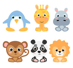 Set of cute exotic animal: penguin, hippo, giraffe, monkey, lion, panda. Baby animal vector illustration. Cartoon characters.