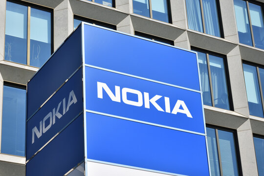 Nokia sign, logo, emblem at Nokia Solutions and Networks building, branch of global Finnish company, telecommunications equipment supplier. WARSAW, POLAND - SEPTEMBER 12, 2020