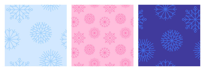 Christmas background with color snowflakes seamless pattern on purple backdrop. Xmas ornament, new year minimalist snow decoration for festive banner, holiday postcard, price tag, packaging design.