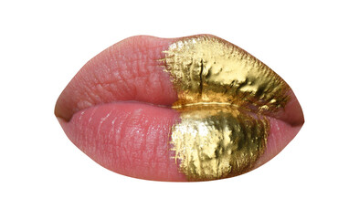 Lip Icon. Lip icon with golden glitter effect. Sensual mouth. Symbol of kiss from golden lipstick. Glamour luxury gold mouth.