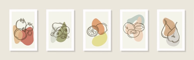 Vegetable, fruit modern set of wall 
vegan posters. Line art drawing with abstract shape; apricot, lemom, tomatoes, pear for print, cover, wallpaper.Minimal and natural wall art hand-drawn 