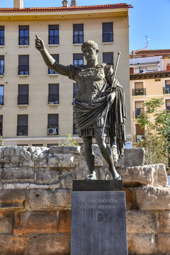Zaragoza, Spain - 23 Oct, 2021: Bronze statue of Caesar Augustus, Zaragoza, Aragon, Spain