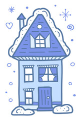Snow-covered house on snowy background. New Year holiday celebration. Ice home and snowflakes.