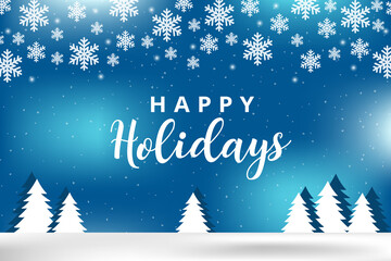  Happy Holidays greeting card. Blue christmas background with a snowflake design and bokeh lights.