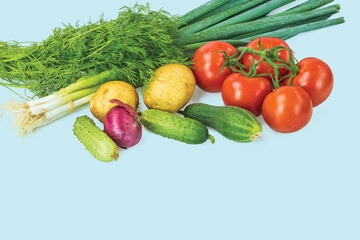 Beautiful view of ripe  tomatoes, cucumbers, potatoes, onions and dill isolated on blue background. Sweden.