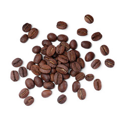 Roasted coffee beans on white background, top view