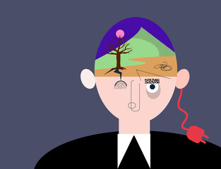 mental disorder concept, man head with desert dead tree and broken electric cord illustration