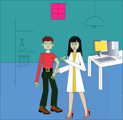 corona virus vaccine process woman doctor doing vaccine to patient man illustration