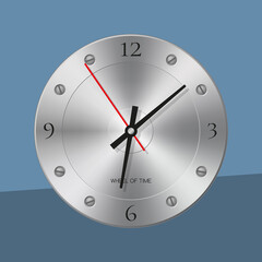 Steel disc style decorative wall clock. Vector illustration. Isolated chromatic background