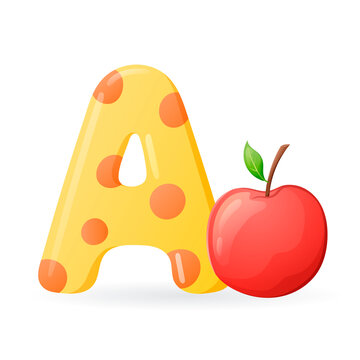 Vector isolated cartoon illustration of English alphabet letter A with picture of apple.
