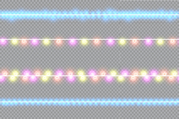 Glowing Christmas lights isolated realistic design elements. Garlands, Christmas decorations. lights effects.