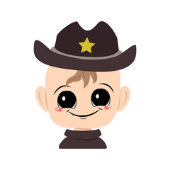 Avatar of a child with big eyes and a wide smile in a sheriff hat with a yellow star. Cute kid with a joyful face in a carnival costume. Head of adorable baby with happy emotions