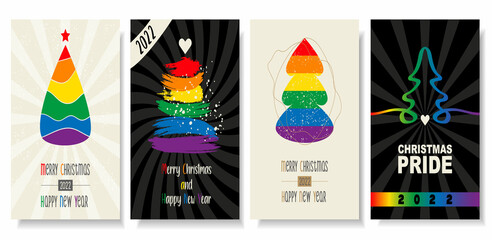 Merry Christmas Pride month and happy new year 2022 logo card with flag banner.Rainbow Pride christmas tree symbol with heart,LGBT,sexual minorities,gays and lesbians.Designer rainbow sign,icon.Vector