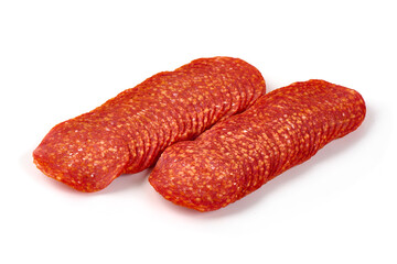 Spanish chorizo salami sausage, isolated on white background.