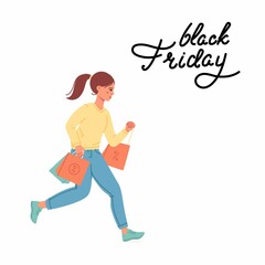 Young woman running with shopping bags. Black Friday sales, panic purchasing, snap up, scare buying, the festival rush