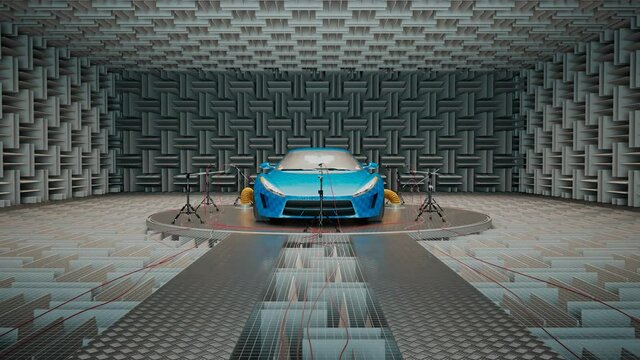 A car in a soundproof recording studio. Anechoic chamber with acoustic tiles.