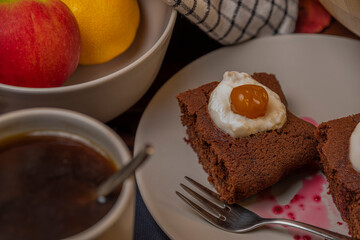 Autumn breakfast with coffee cake nuts and fruits