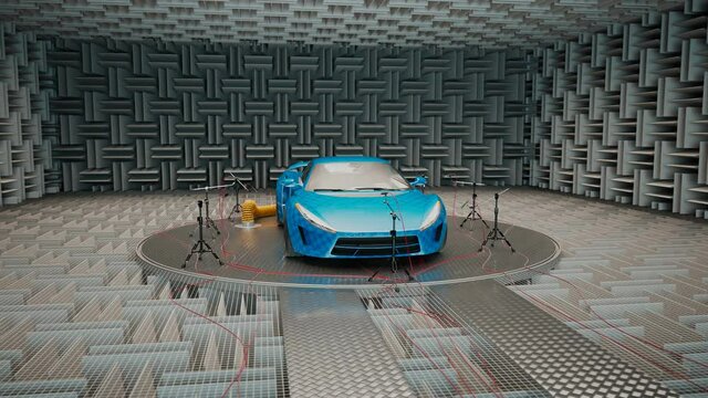 A Car In A Soundproof Recording Studio. Anechoic Chamber With Acoustic Tiles.